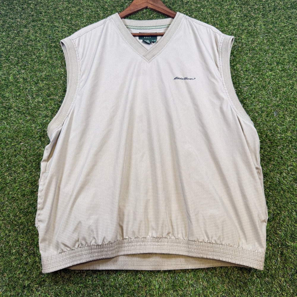 Eddie Bauer Golf Mens XL Tan Micro Grid V-Neck Wind Vest Pullover Pockets